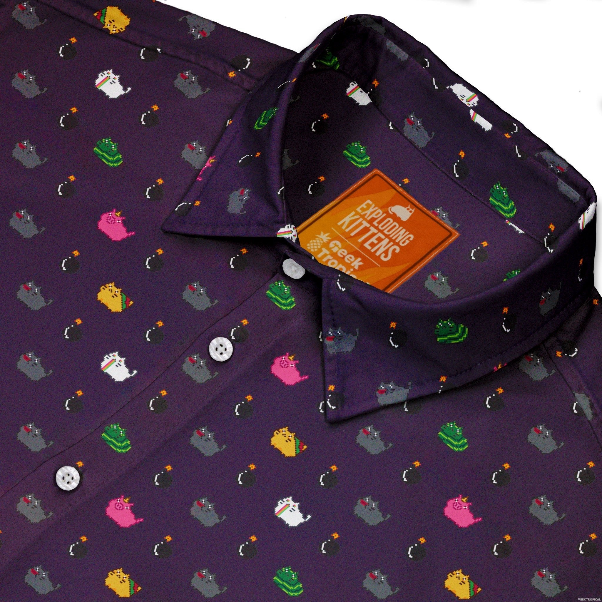 Exploding Kittens Pixel Cats Dark Button Up Shirt - adult sizing - Animal Patterns - board game print