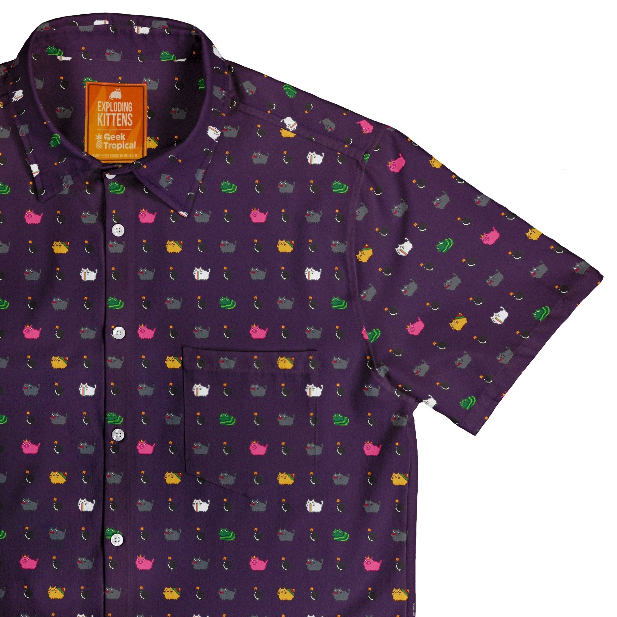 Exploding Kittens Pixel Cats Dark Button Up Shirt - adult sizing - Animal Patterns - board game print
