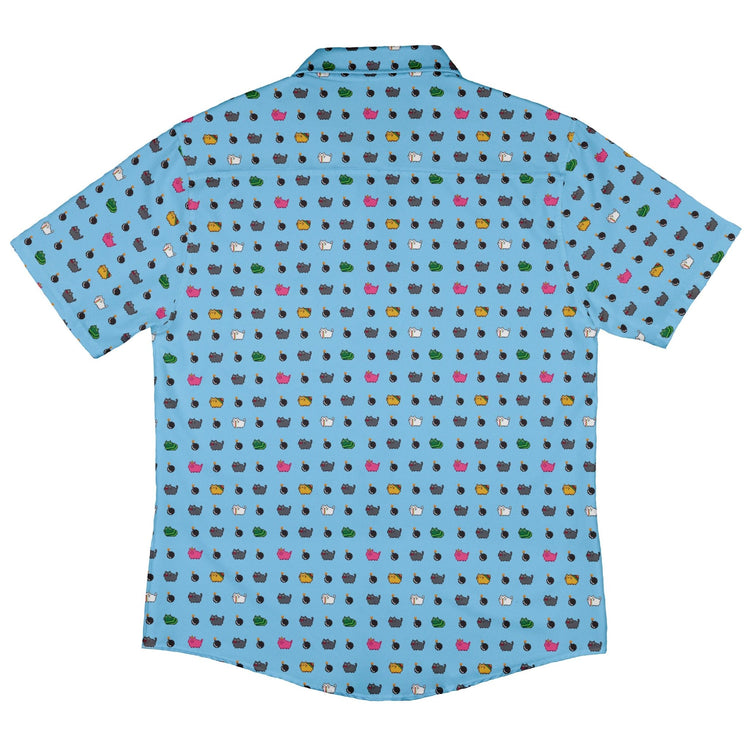Exploding Kittens Pixel Cats Sky Blue Button Up Shirt - adult sizing - Animal Patterns - board game print