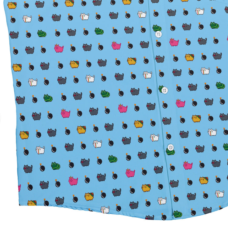 Exploding Kittens Pixel Cats Sky Blue Button Up Shirt - adult sizing - Animal Patterns - board game print