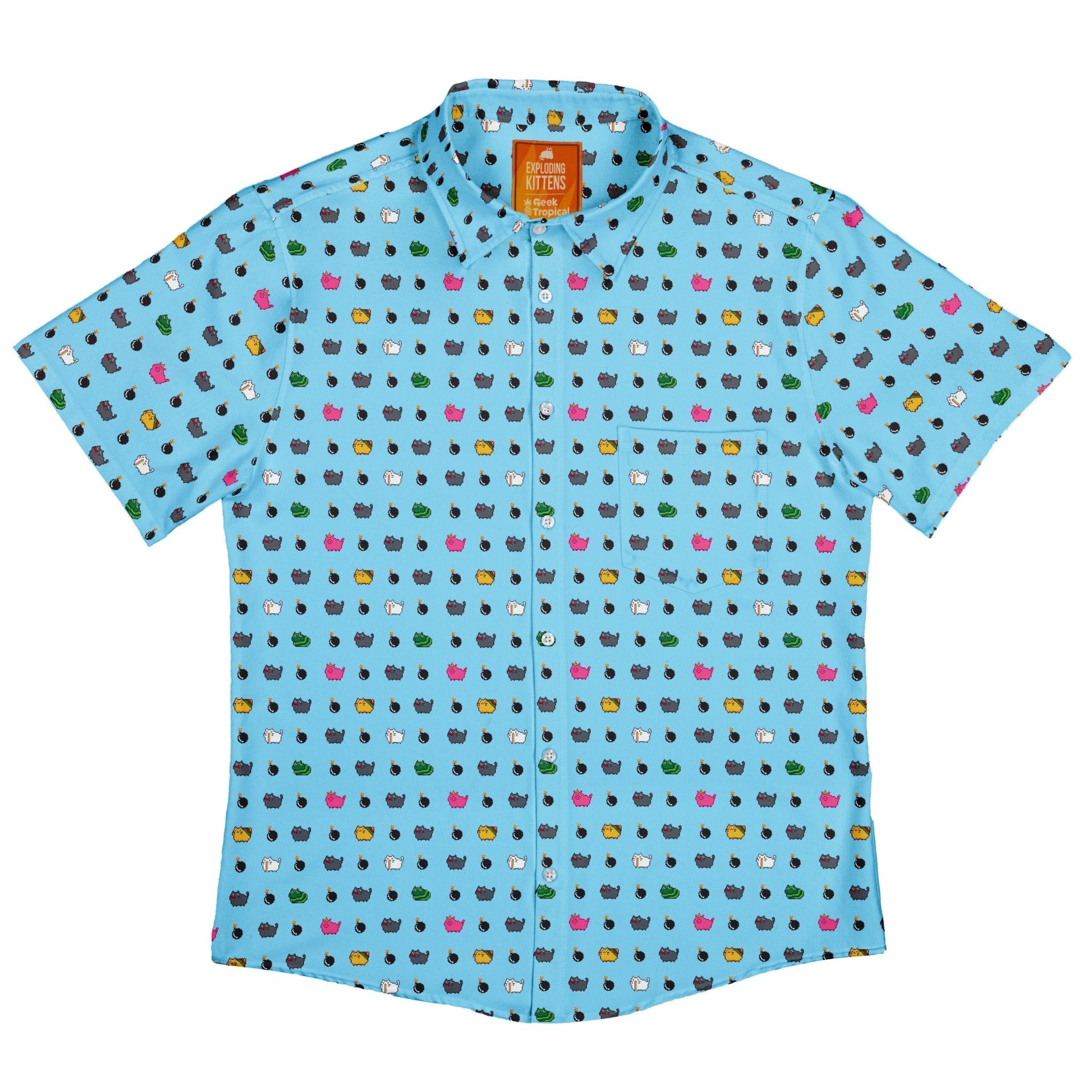 Exploding Kittens Pixel Cats Sky Blue Button Up Shirt - adult sizing - Animal Patterns - board game print