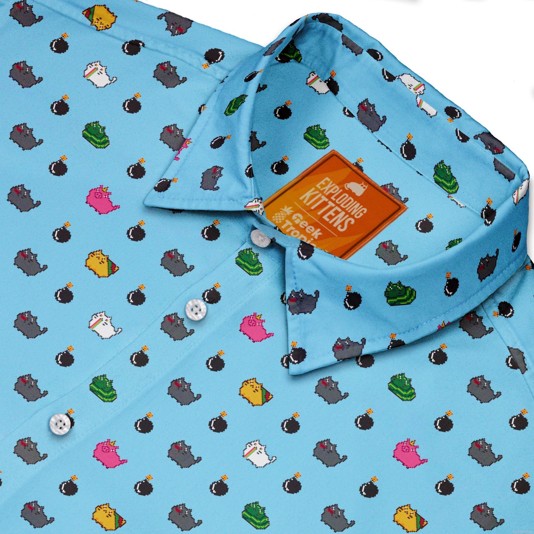 Exploding Kittens Pixel Cats Sky Blue Button Up Shirt - adult sizing - Animal Patterns - board game print