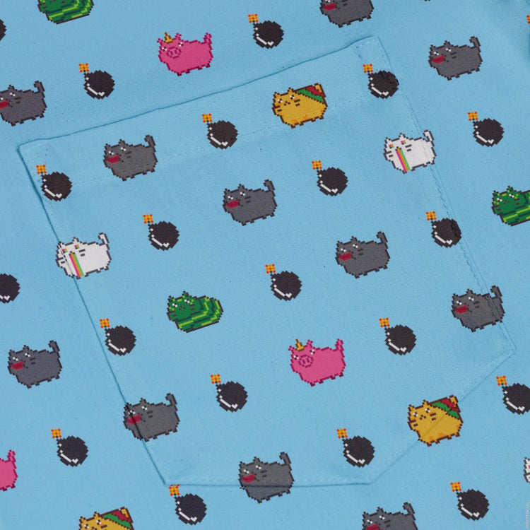 Exploding Kittens Pixel Cats Sky Blue Button Up Shirt - adult sizing - Animal Patterns - board game print