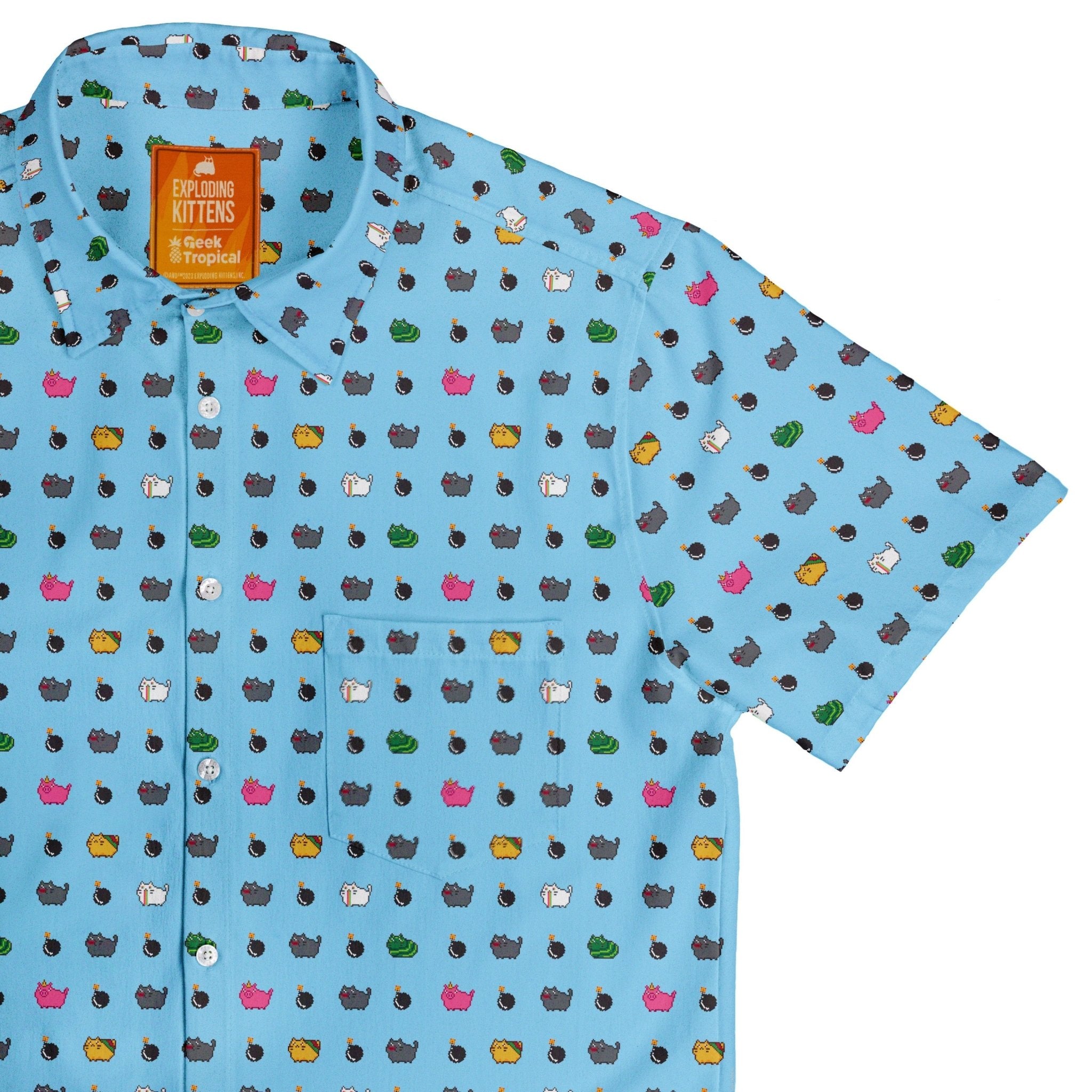 Exploding Kittens Pixel Cats Sky Blue Button Up Shirt - adult sizing - Animal Patterns - board game print