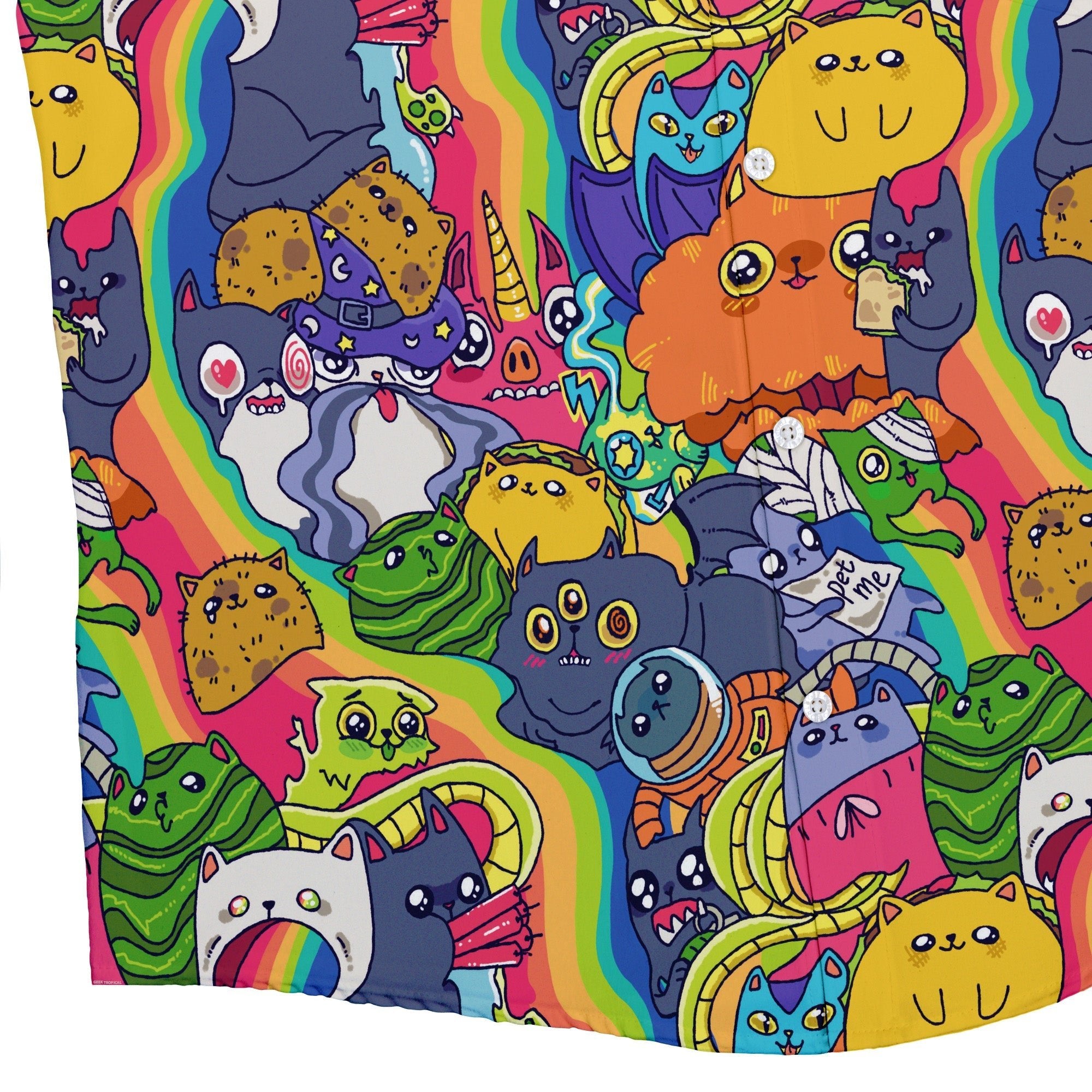 Exploding Kittens Rainbow Explosion Button Up Shirt - adult sizing - Animal Patterns - board game print