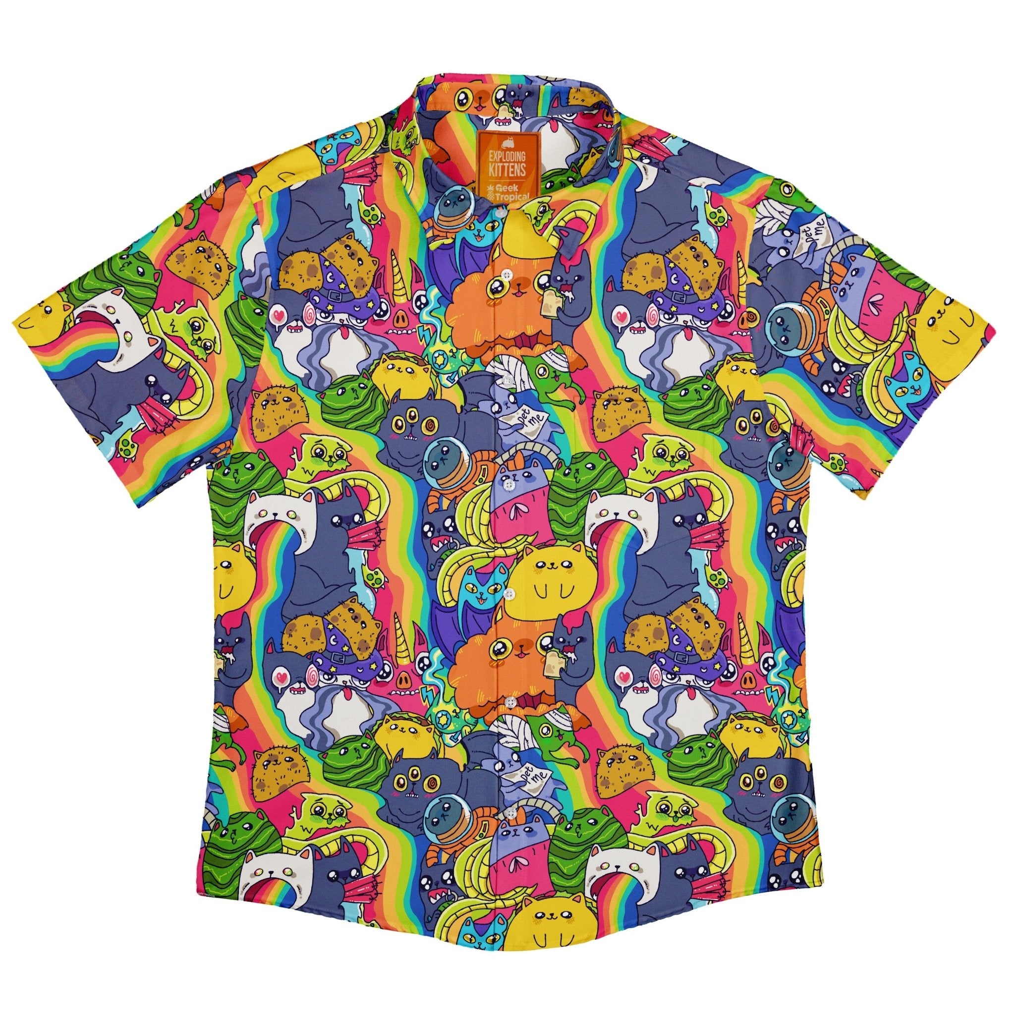 Exploding Kittens Rainbow Explosion Button Up Shirt - adult sizing - Animal Patterns - board game print