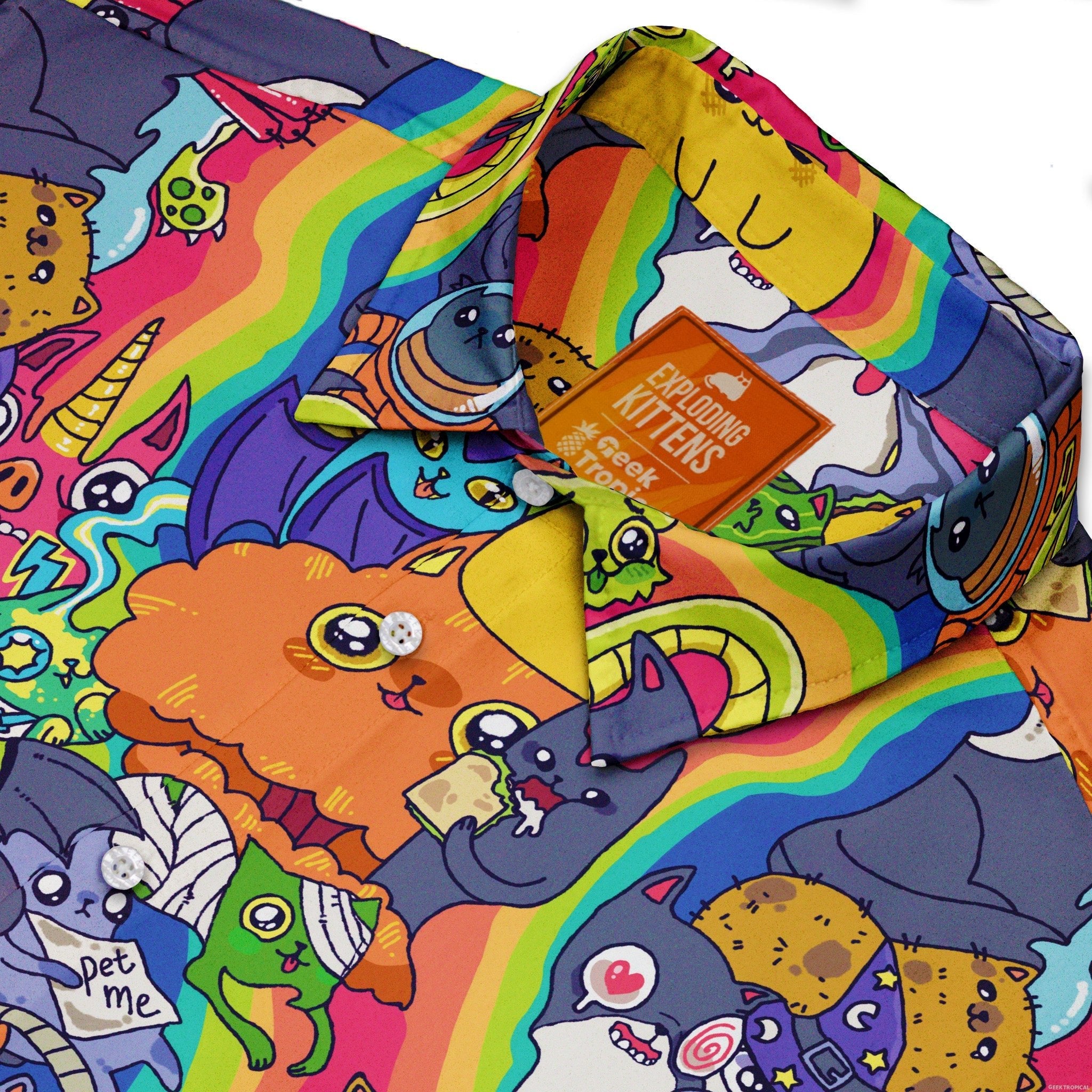 Exploding Kittens Rainbow Explosion Button Up Shirt - adult sizing - Animal Patterns - board game print