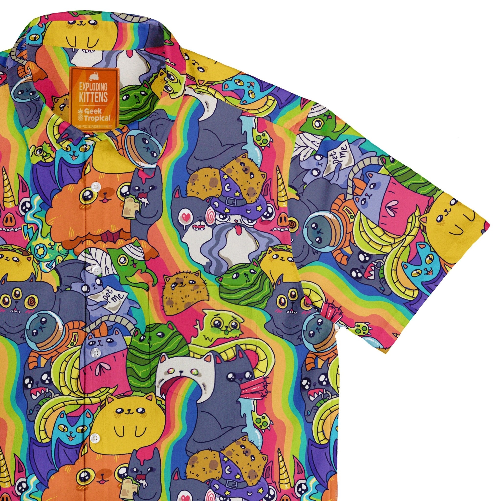 Exploding Kittens Rainbow Explosion Button Up Shirt - adult sizing - Animal Patterns - board game print