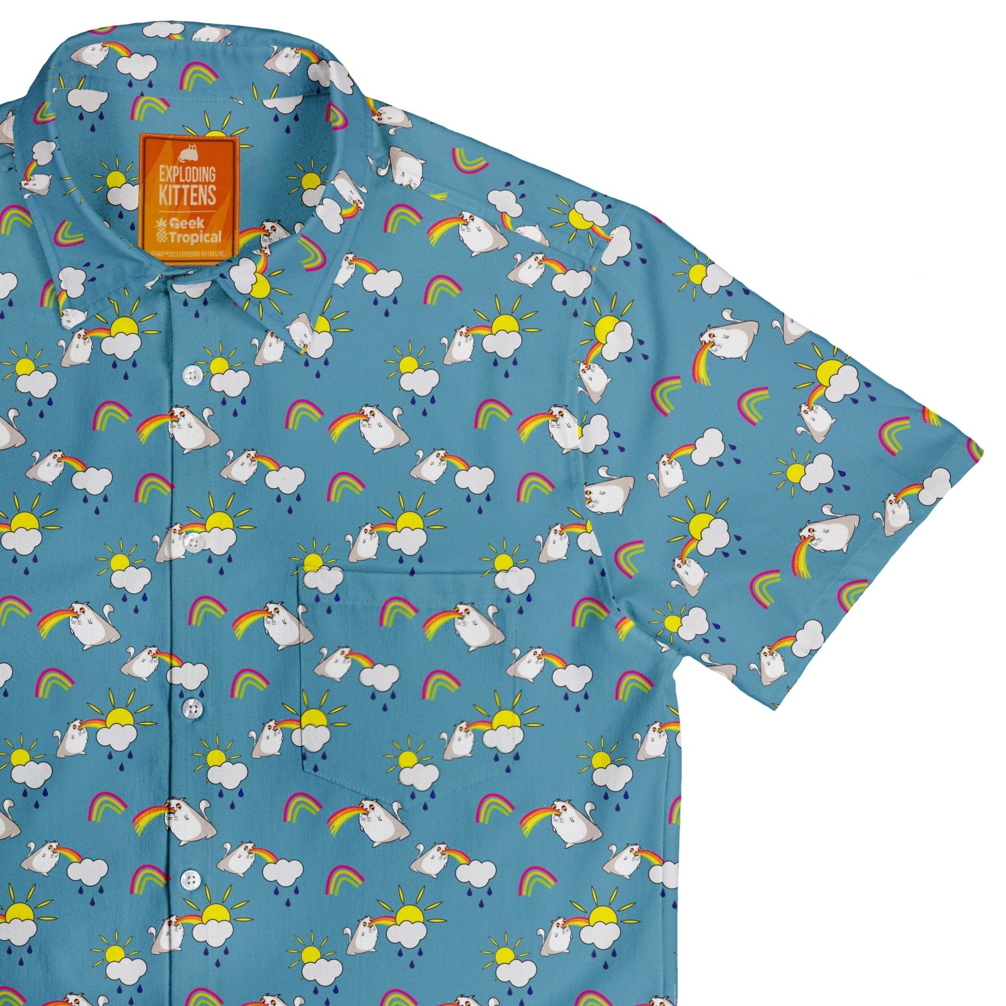 Exploding Kittens Rainbow Sky Cats Button Up Shirt - adult sizing - Animal Patterns - board game print