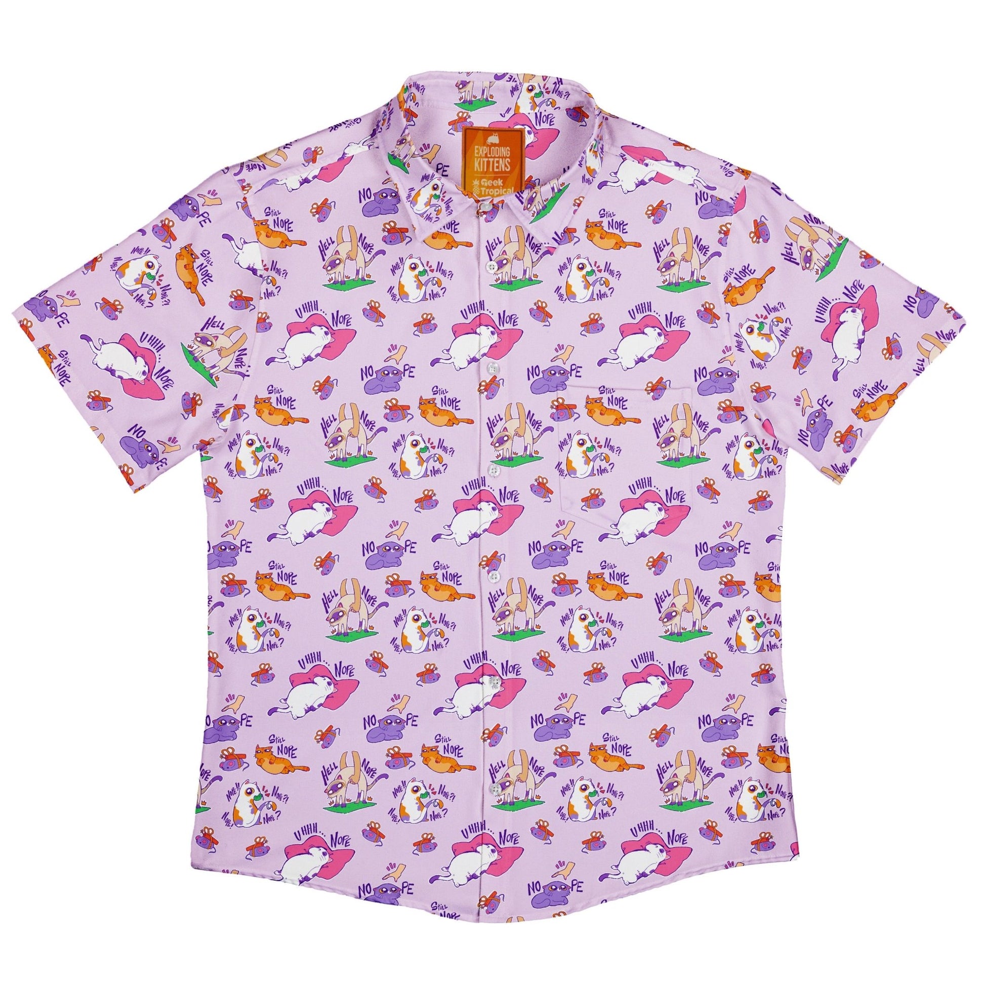 Exploding Kittens Sassy Nope Button Up Shirt - adult sizing - Animal Patterns - board game print