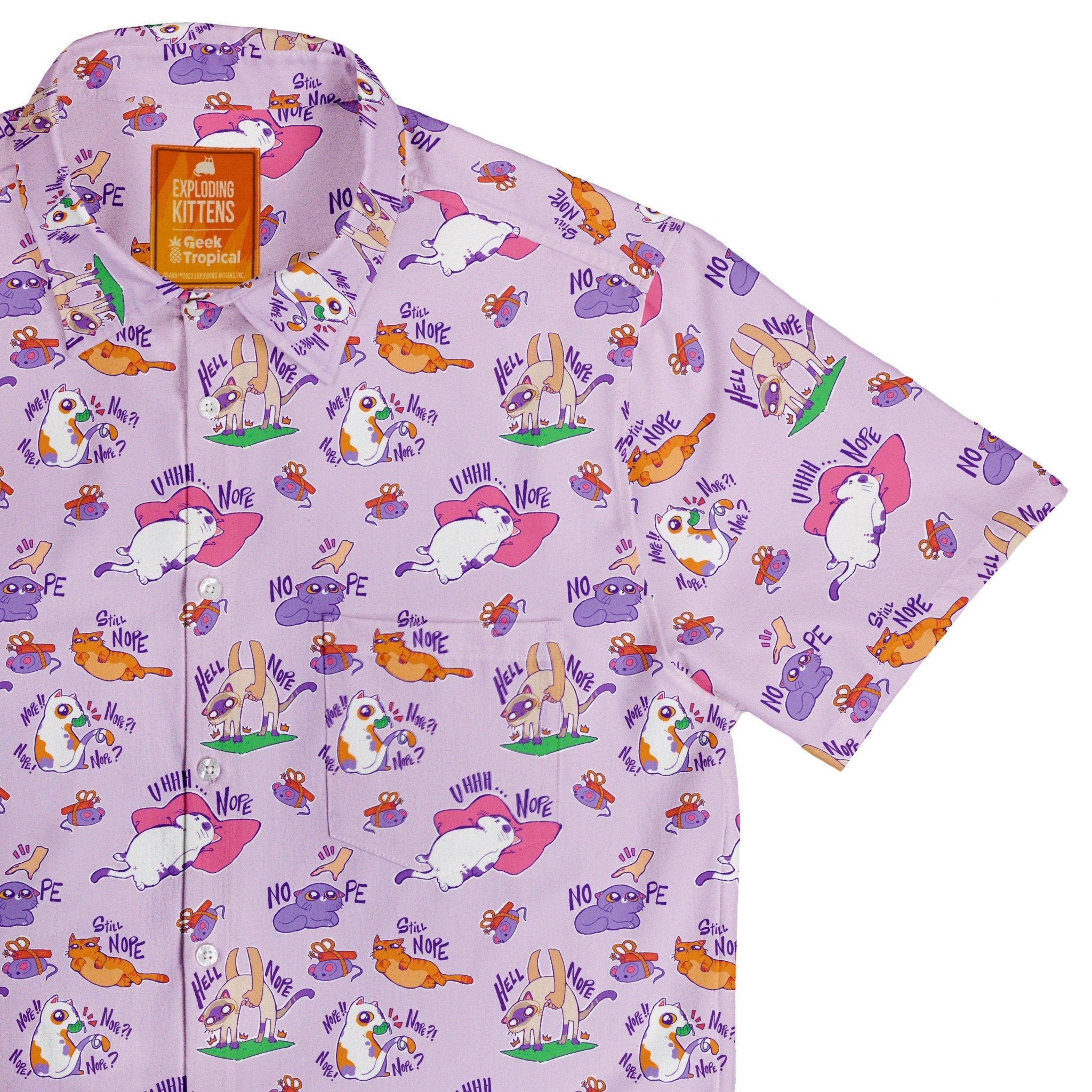Exploding Kittens Sassy Nope Button Up Shirt - adult sizing - Animal Patterns - board game print