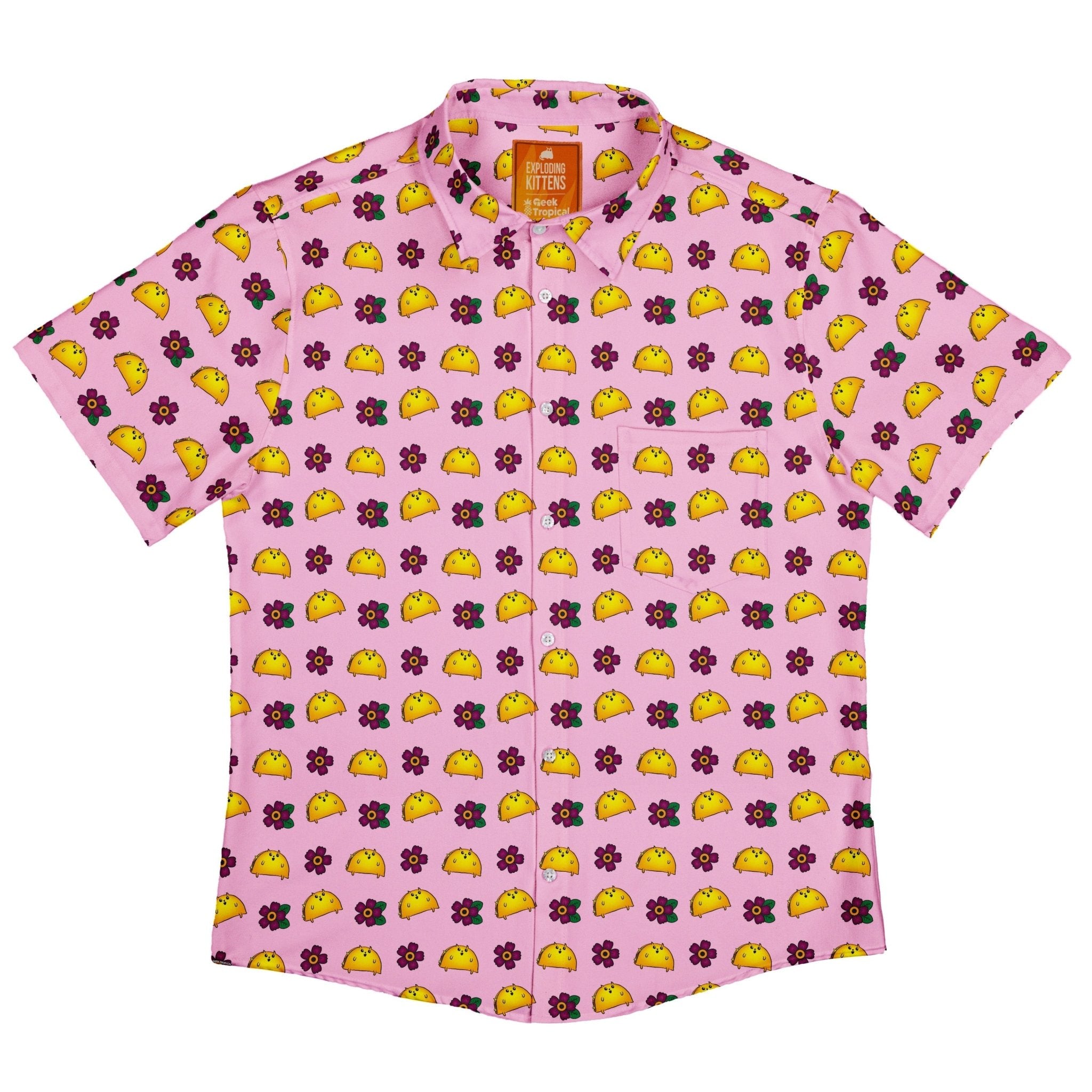 Exploding Kittens TacoCat Flowers Button Up Shirt - adult sizing - Animal Patterns - board game print