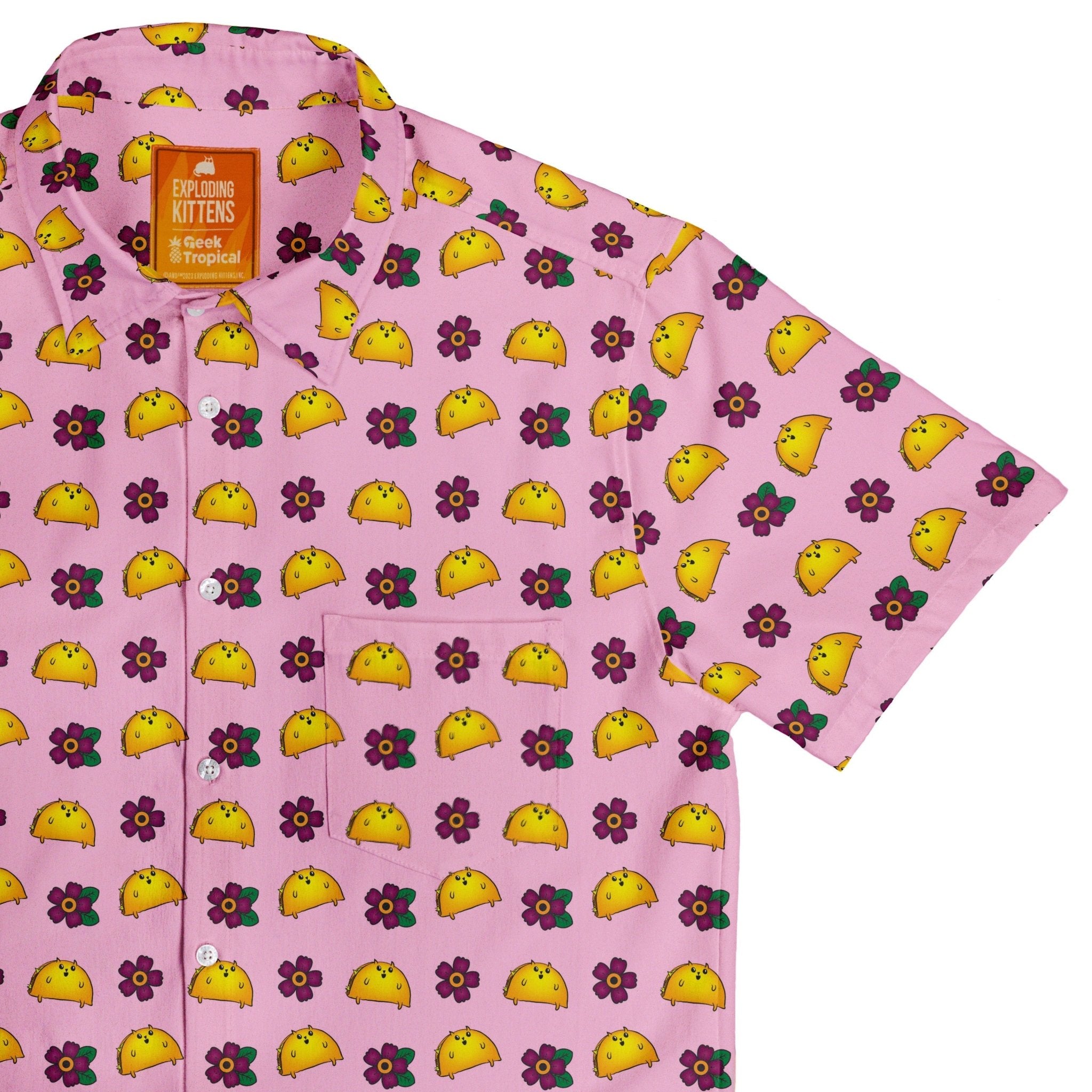 Exploding Kittens TacoCat Flowers Button Up Shirt - adult sizing - Animal Patterns - board game print