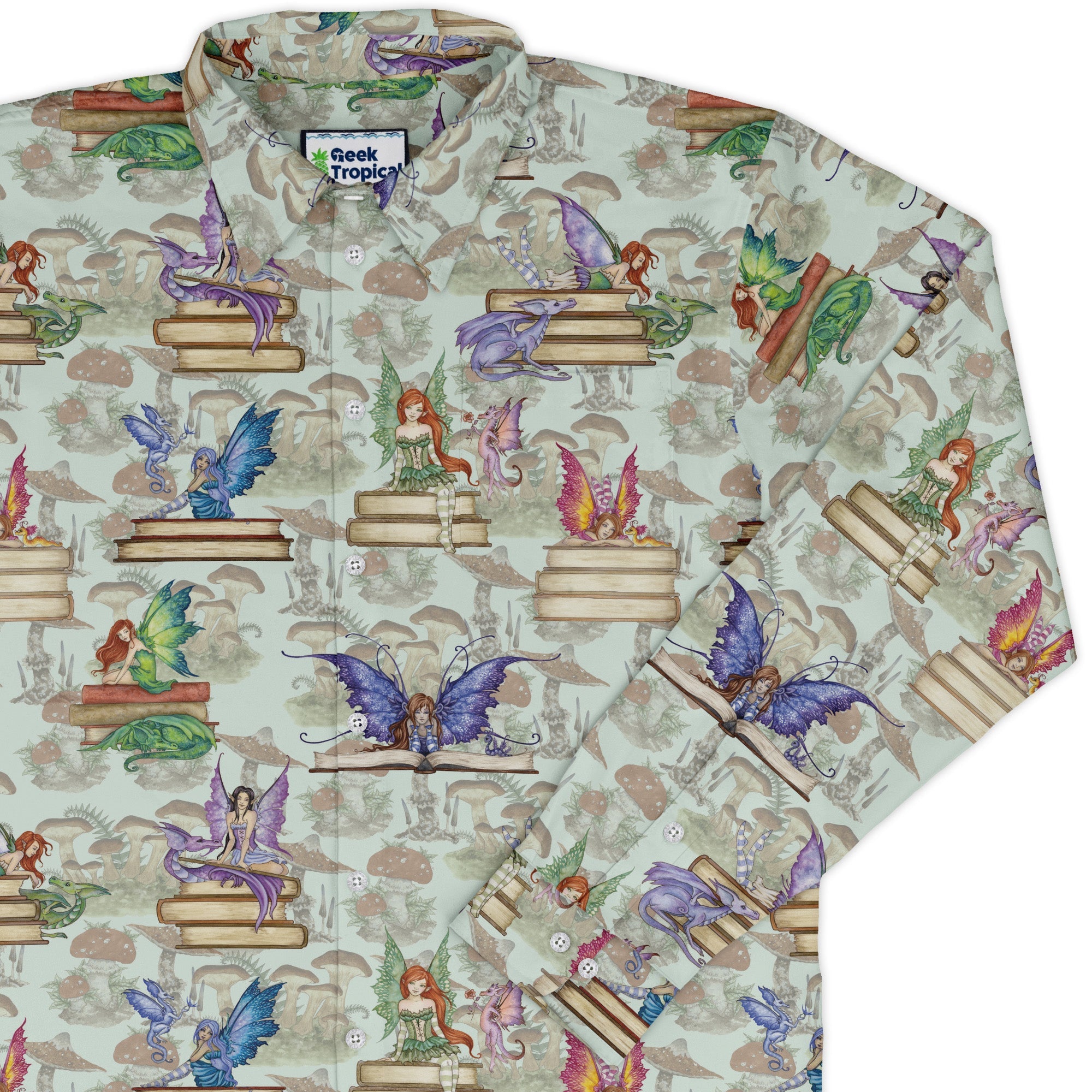 Fairy Tales Long Sleeve Button Up Shirt Geek Nerd adult sizing Book Prints Design by Amy Brown