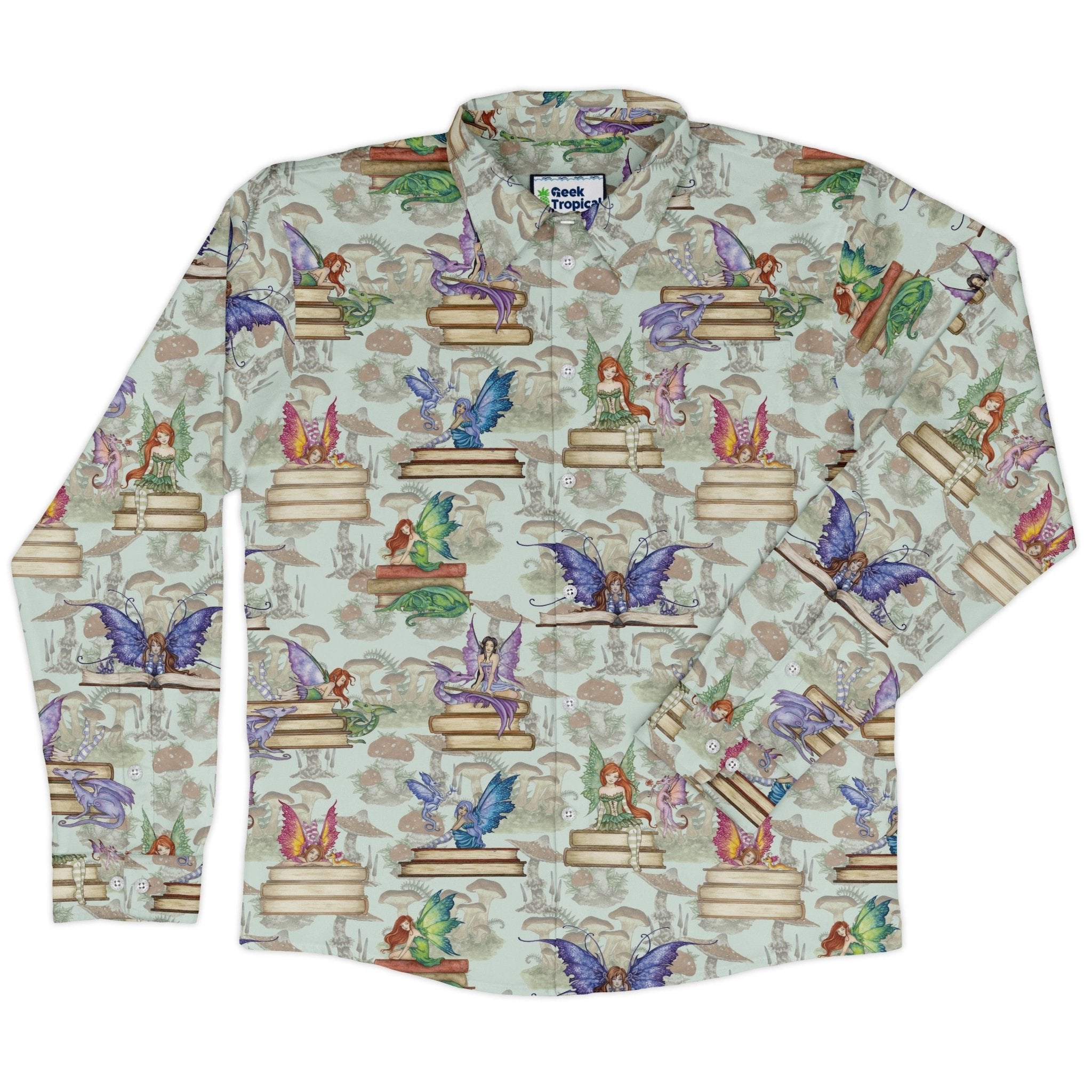 Fairy Tales Long Sleeve Button Up Shirt Geek Nerd adult sizing Book Prints Design by Amy Brown