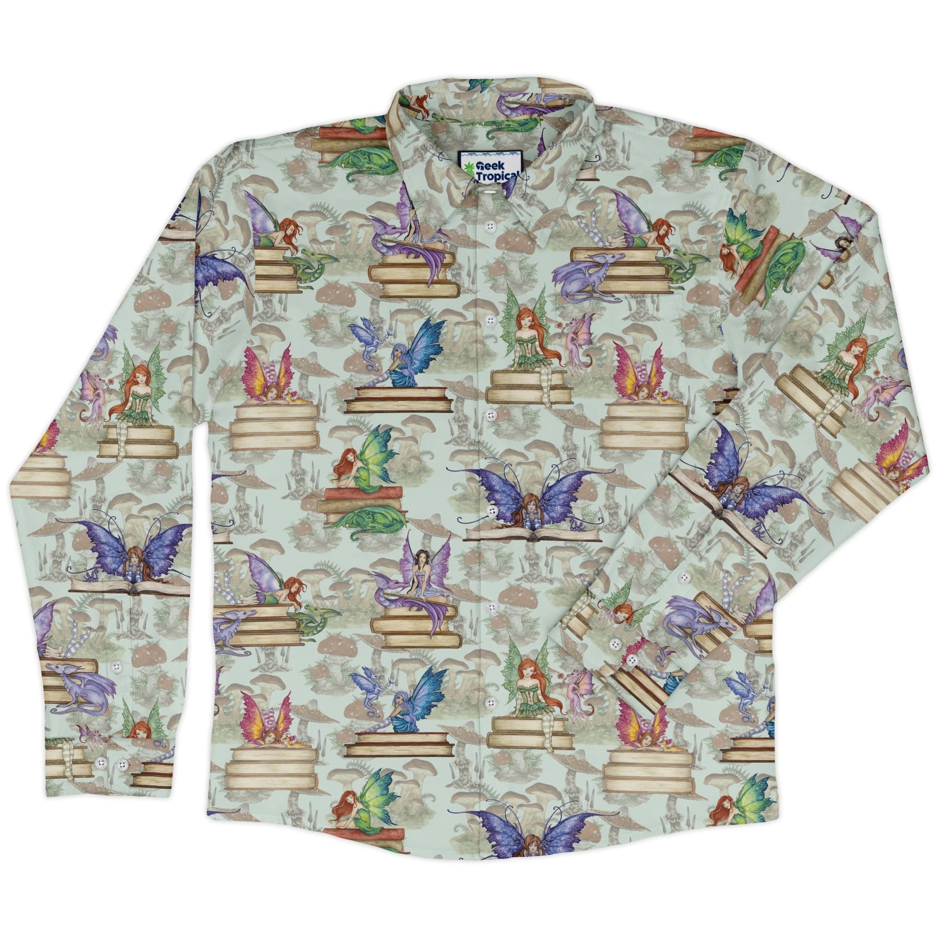 Fairy Tales Long Sleeve Button Up Shirt Geek Nerd adult sizing Book Prints Design by Amy Brown
