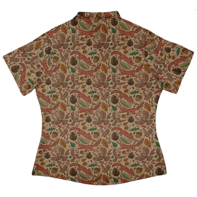 Fall Squirrel Curvy Button Up Shirt Geek Nerd animal patterns botany print Design by Julie Kitzes