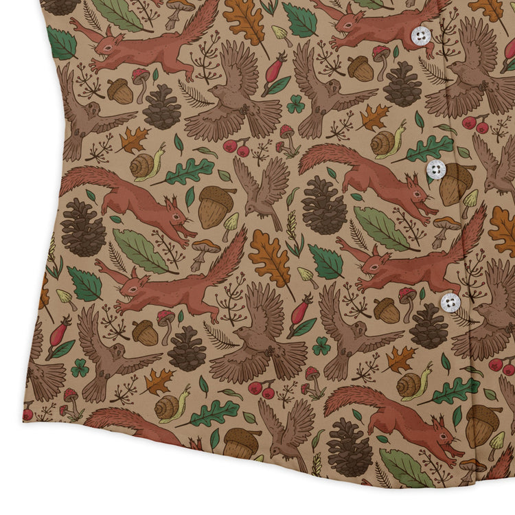 Fall Squirrel Curvy Button Up Shirt Geek Nerd animal patterns botany print Design by Julie Kitzes