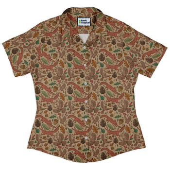 Fall Squirrel Curvy Button Up Shirt Geek Nerd animal patterns botany print Design by Julie Kitzes