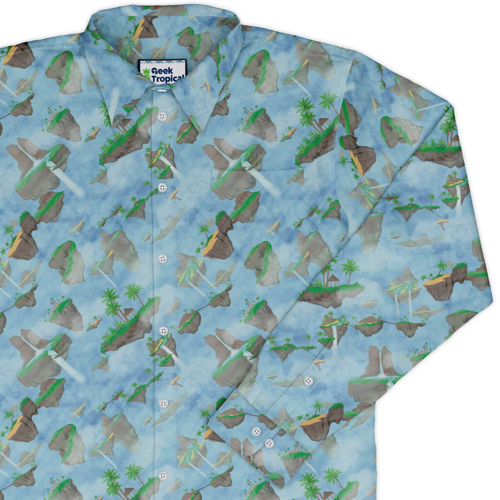 Fantasy Floating Isles Dnd Long Sleeve Button Up Shirt Geek Nerd adult sizing Designs by Nathan Fantasy Prints