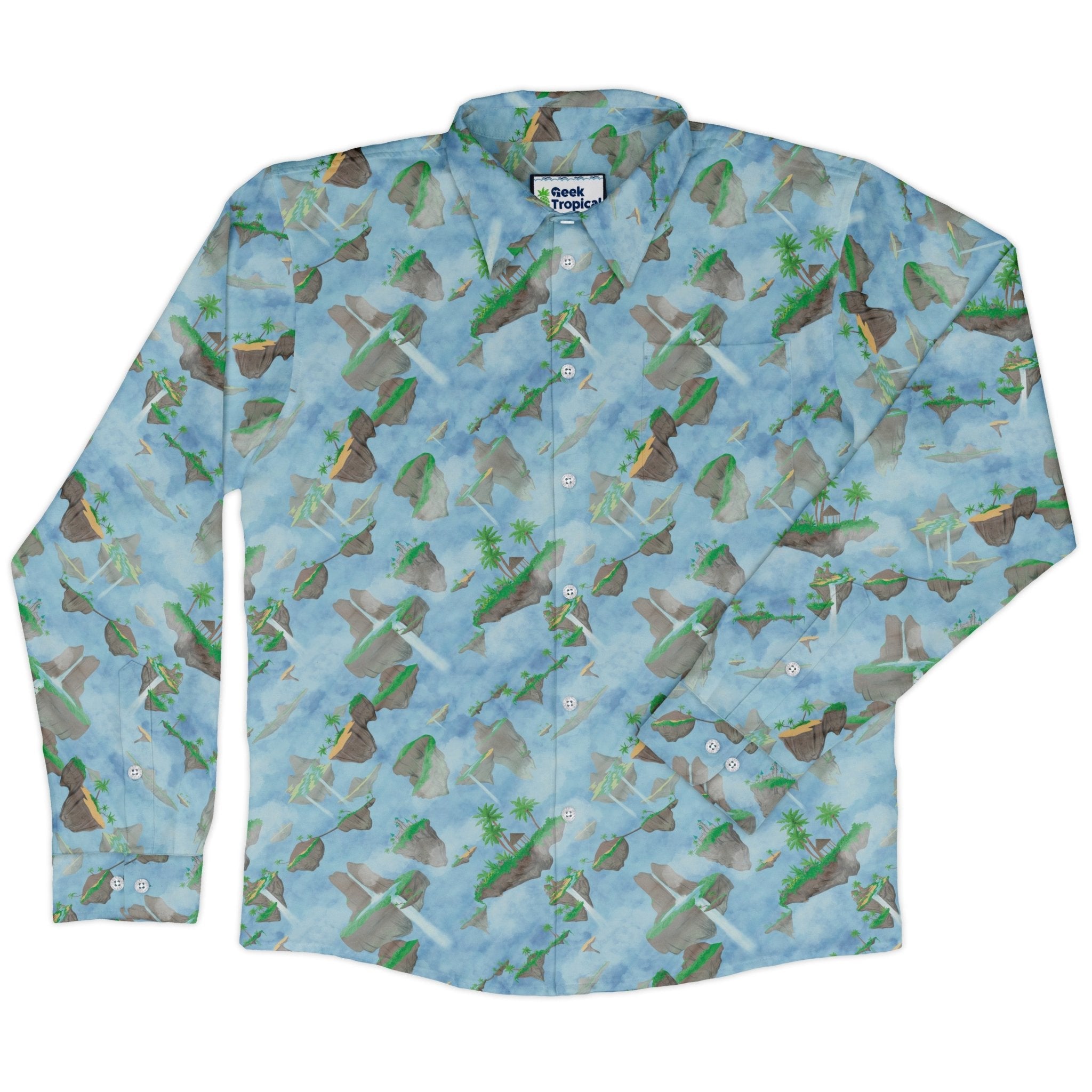 Fantasy Floating Isles Dnd Long Sleeve Button Up Shirt Geek Nerd adult sizing Designs by Nathan Fantasy Prints