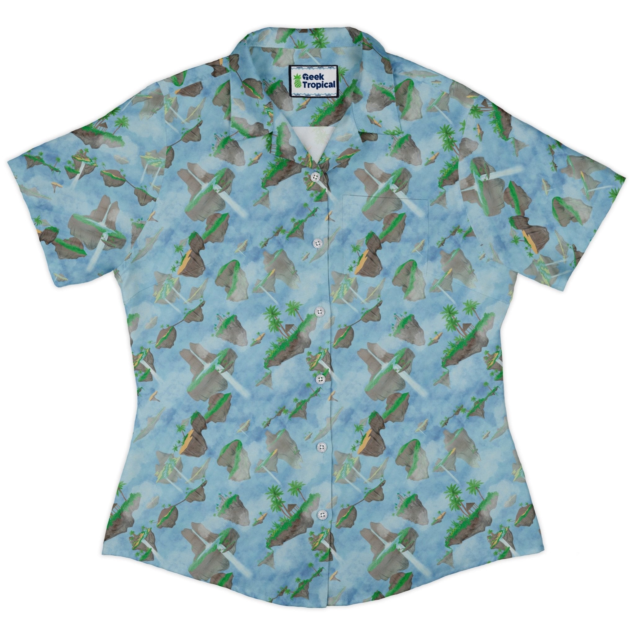 Fantasy Floating Isles Dnd Curvy Button Up Shirt Geek Nerd Designs by Nathan Fantasy Prints Q3