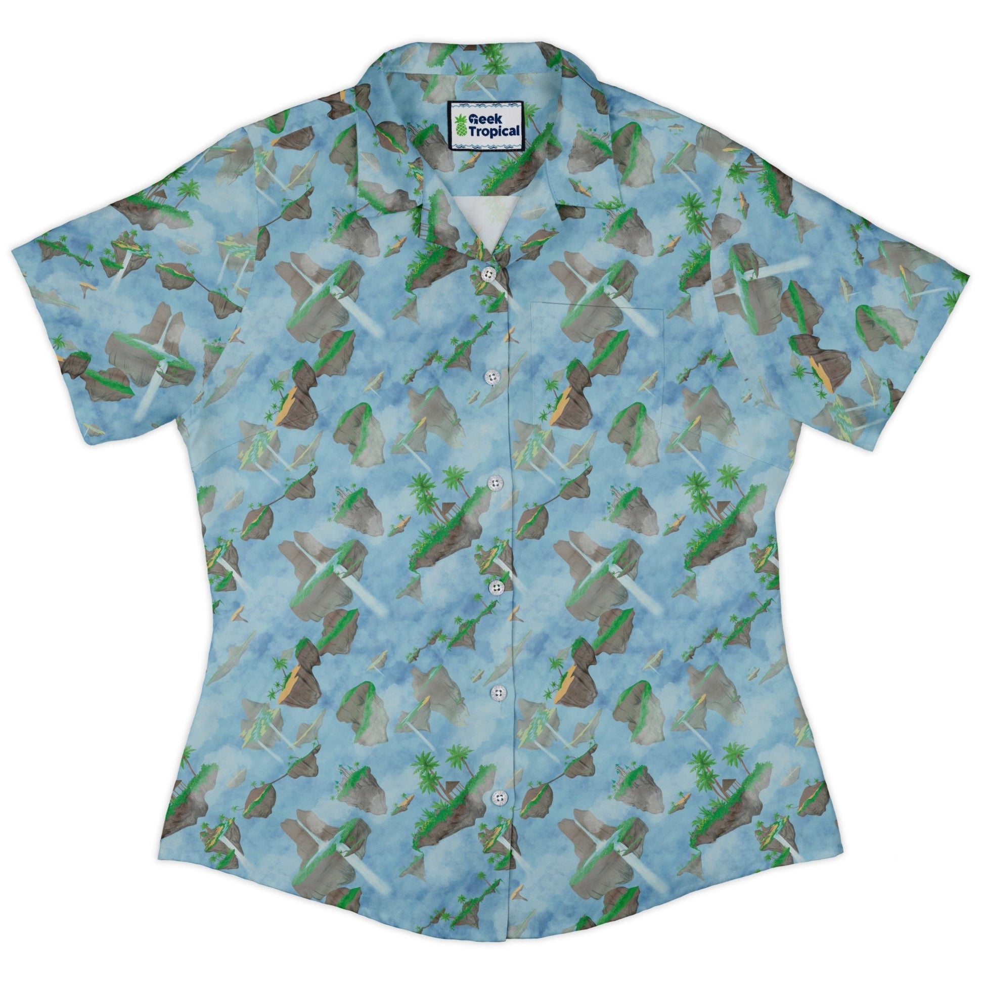 Fantasy Floating Isles Dnd Curvy Button Up Shirt Geek Nerd Designs by Nathan Fantasy Prints Q3