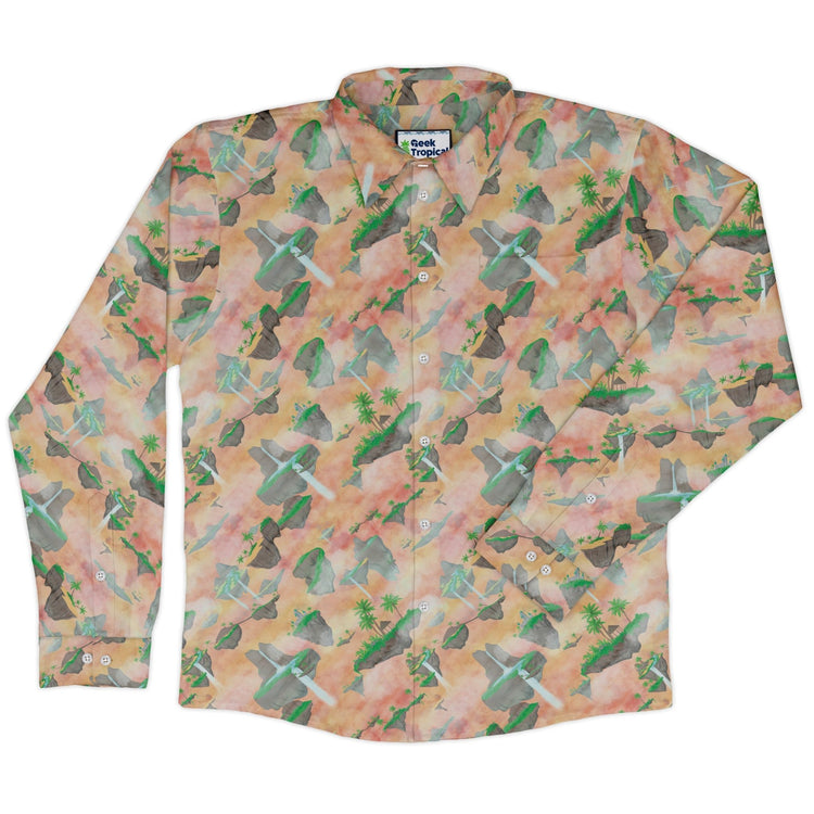 Fantasy Floating Isles Sunset Dnd Long Sleeve Button Up Shirt Geek Nerd adult sizing Designs by Nathan Fantasy Prints