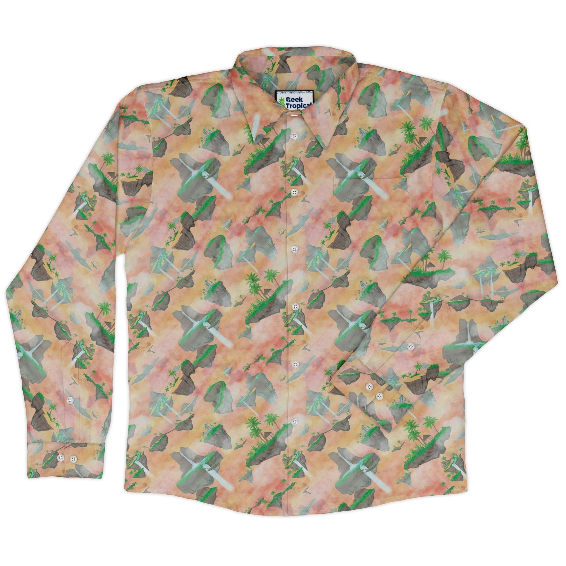 Fantasy Floating Isles Sunset Dnd Long Sleeve Button Up Shirt Geek Nerd adult sizing Designs by Nathan Fantasy Prints