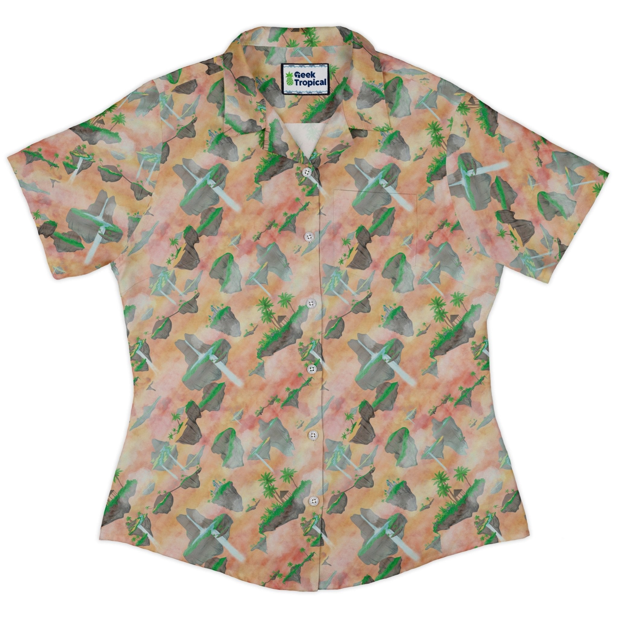 Fantasy Floating Isles Sunset Dnd Curvy Button Up Shirt Geek Nerd Designs by Nathan Fantasy Prints Q3