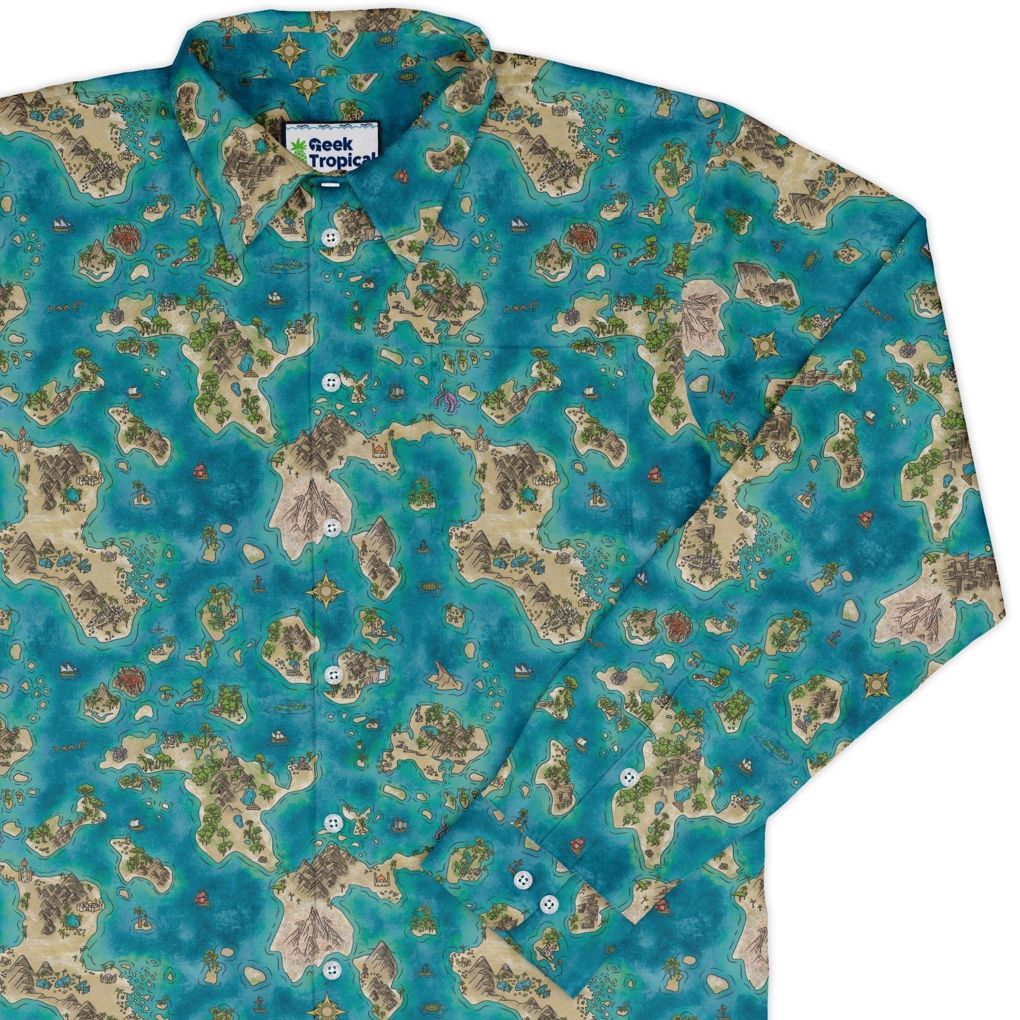 Fantasy World Map Dnd Long Sleeve Button Up Shirt Geek Nerd adult sizing Designs by Nathan dnd & rpg print