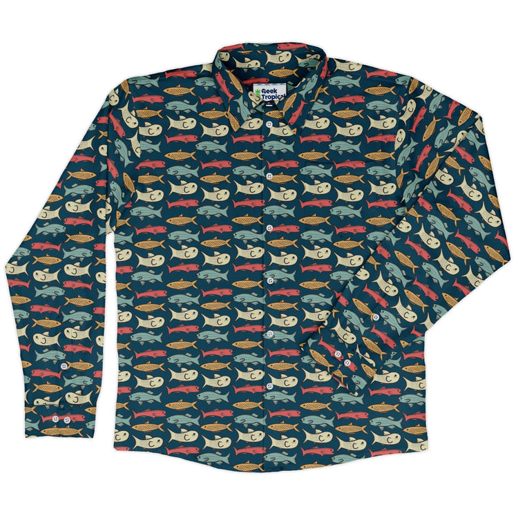 Fish Flow Long Sleeve Button Up Shirt Geek Nerd 0925 adult sizing All Adult Button Up Shirts