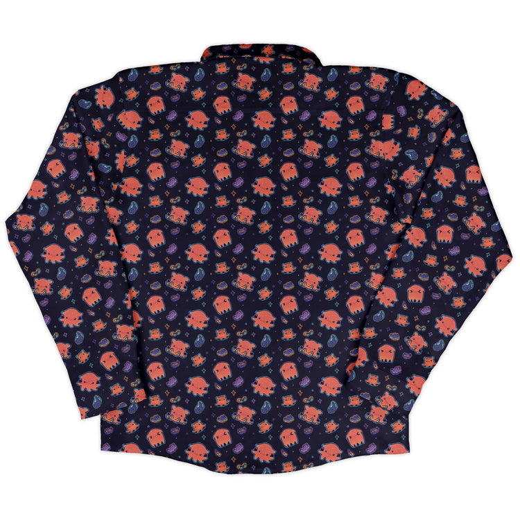 Flapjack Octopus Anime Long Sleeve Button Up Shirt Geek Nerd adult sizing anime Design by Ardi Tong