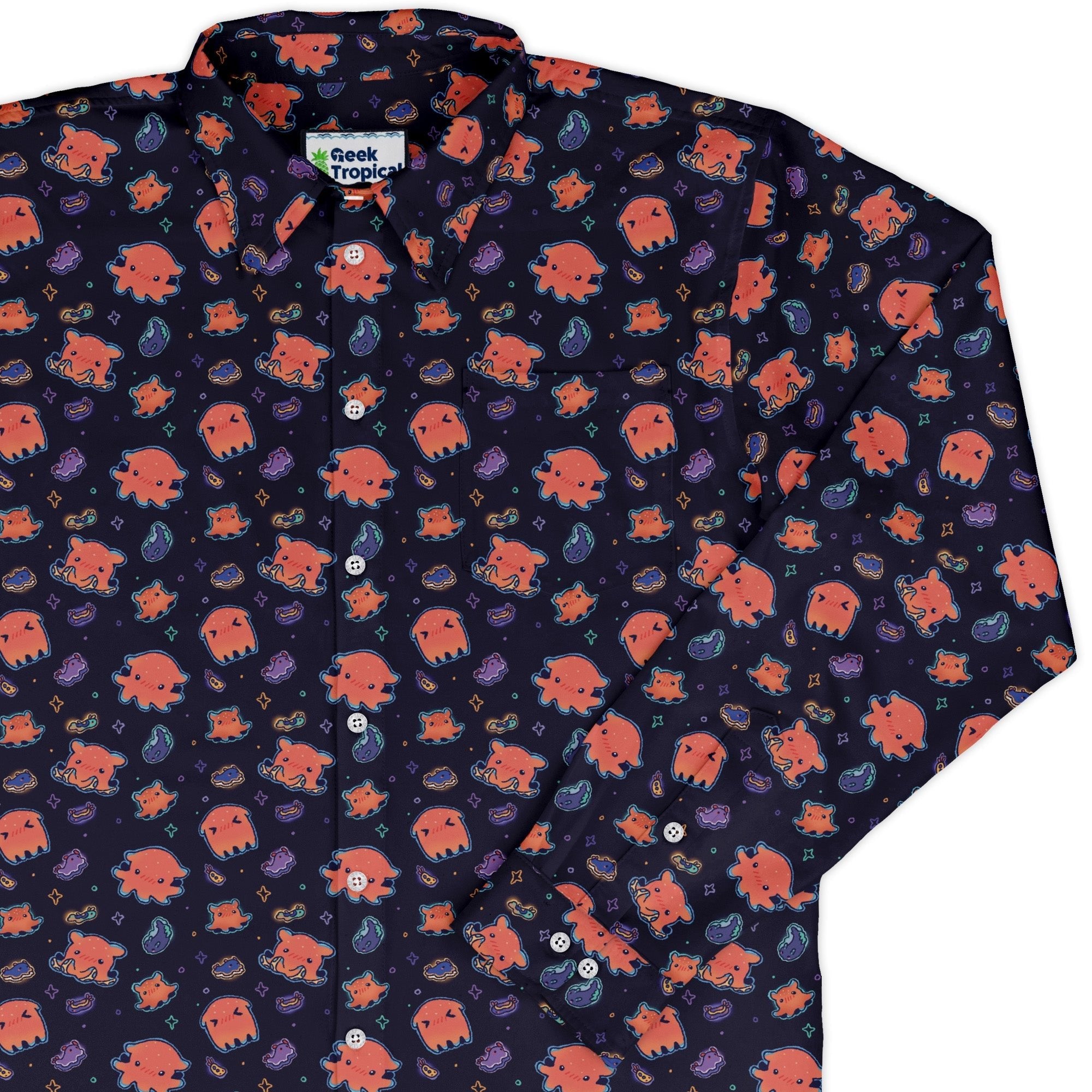 Flapjack Octopus Anime Long Sleeve Button Up Shirt Geek Nerd adult sizing anime Design by Ardi Tong