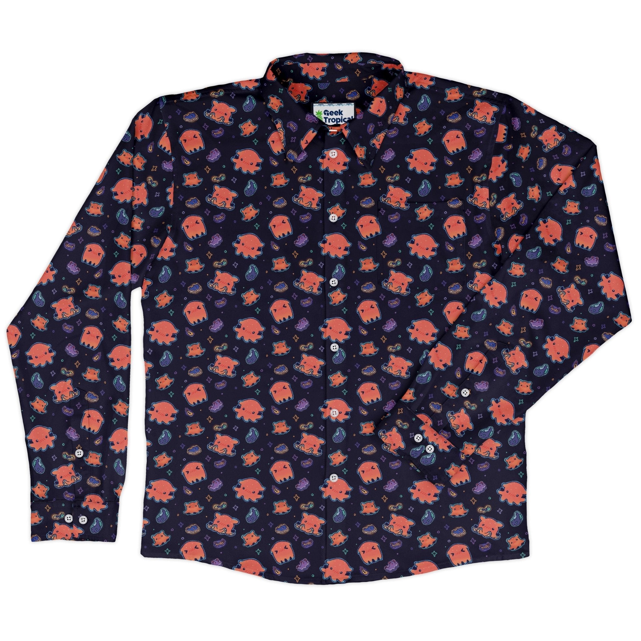 Flapjack Octopus Anime Long Sleeve Button Up Shirt Geek Nerd adult sizing anime Design by Ardi Tong