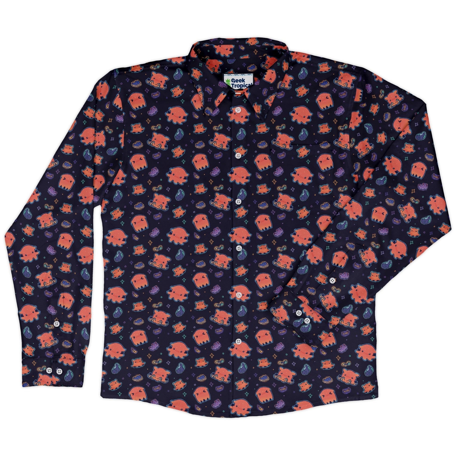 Flapjack Octopus Anime Long Sleeve Button Up Shirt Geek Nerd adult sizing anime Design by Ardi Tong