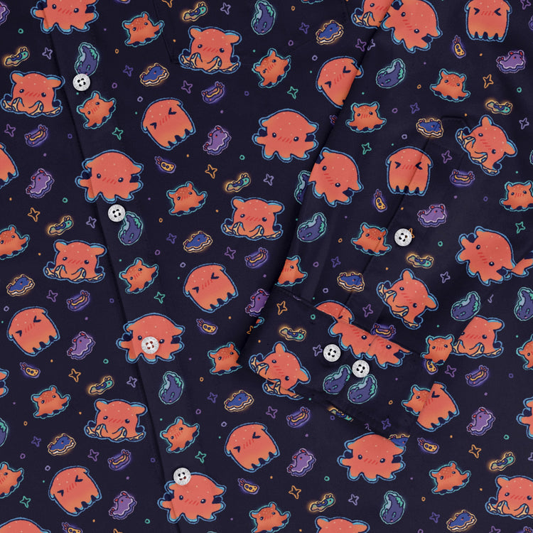 Flapjack Octopus Anime Long Sleeve Button Up Shirt Geek Nerd adult sizing anime Design by Ardi Tong