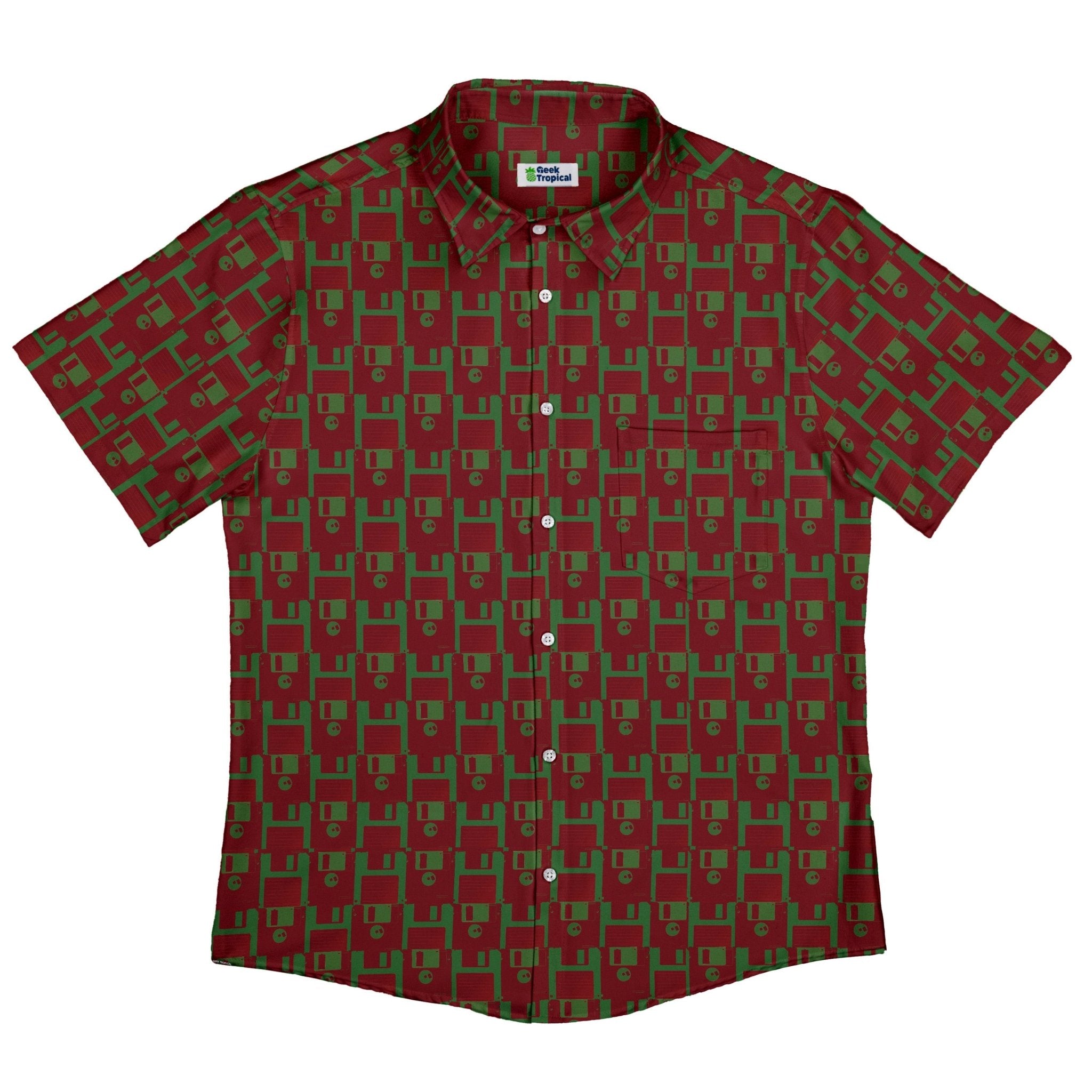 Floppy Disk Red and Green Button Up Shirt Geek Nerd adult sizing computer print Design by Random Galaxy