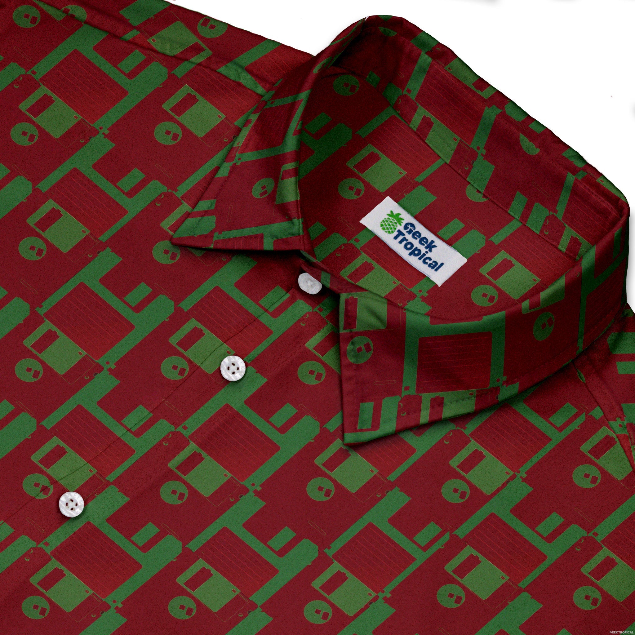 Floppy Disk Red and Green Button Up Shirt Geek Nerd adult sizing computer print Design by Random Galaxy