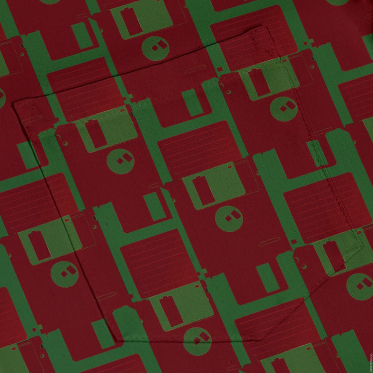 Floppy Disk Red and Green Button Up Shirt Geek Nerd adult sizing computer print Design by Random Galaxy