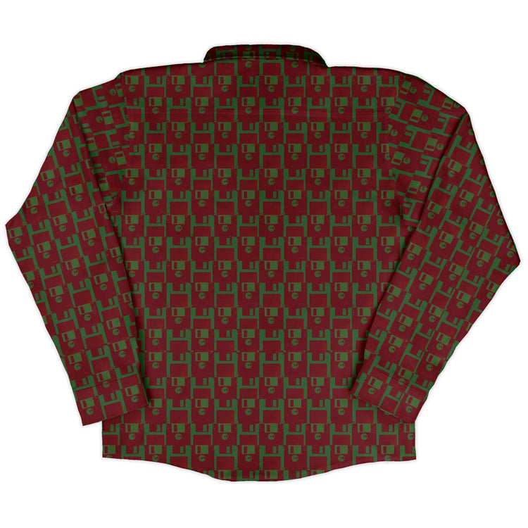Floppy Disk Red and Green Long Sleeve Button Up Shirt Geek Nerd adult sizing computer print Design by Random Galaxy