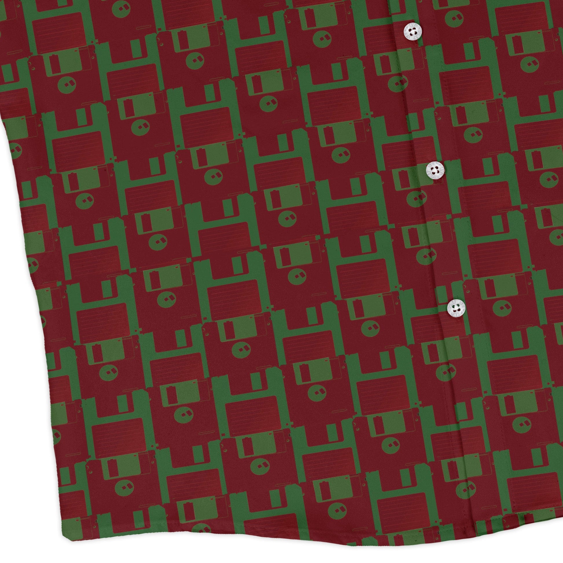 Floppy Disk Red and Green Long Sleeve Button Up Shirt Geek Nerd adult sizing computer print Design by Random Galaxy