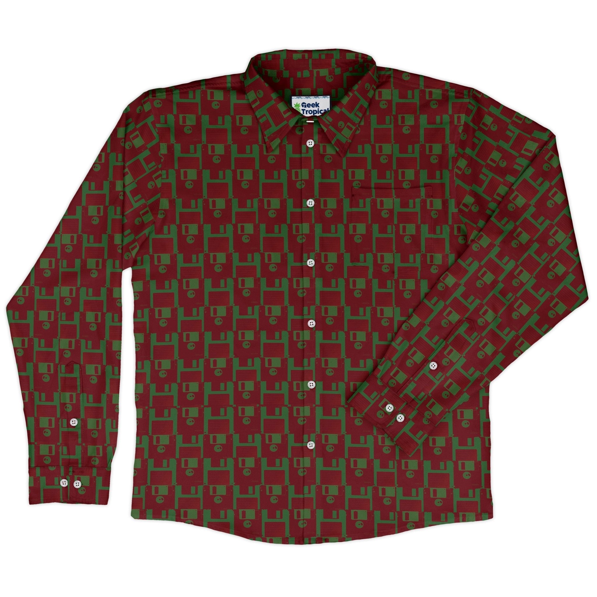 Floppy Disk Red and Green Long Sleeve Button Up Shirt Geek Nerd adult sizing computer print Design by Random Galaxy