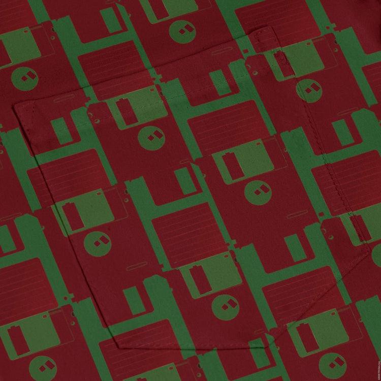 Floppy Disk Red and Green Long Sleeve Button Up Shirt Geek Nerd adult sizing computer print Design by Random Galaxy