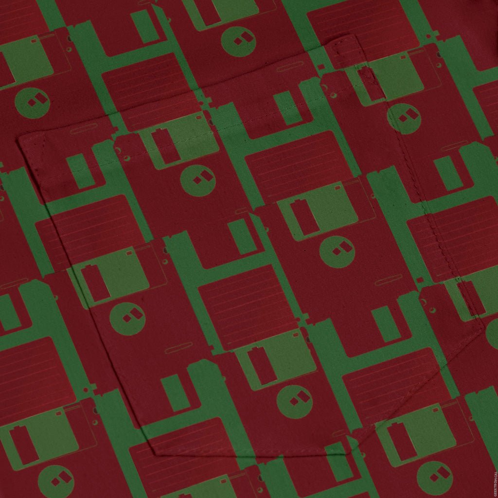 Floppy Disk Red and Green Long Sleeve Button Up Shirt Geek Nerd adult sizing computer print Design by Random Galaxy