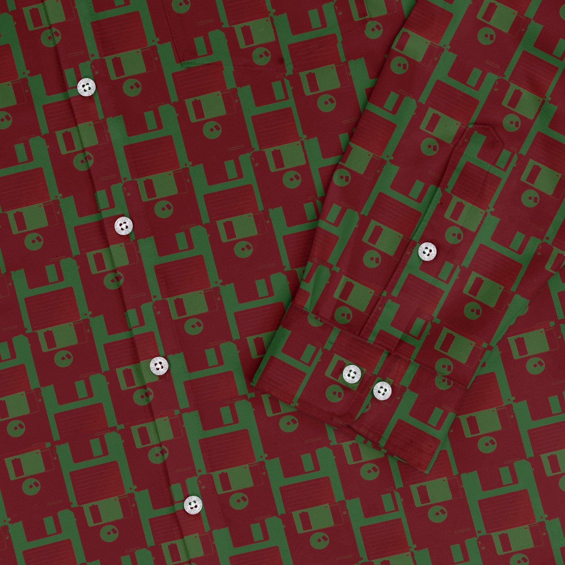 Floppy Disk Red and Green Long Sleeve Button Up Shirt Geek Nerd adult sizing computer print Design by Random Galaxy