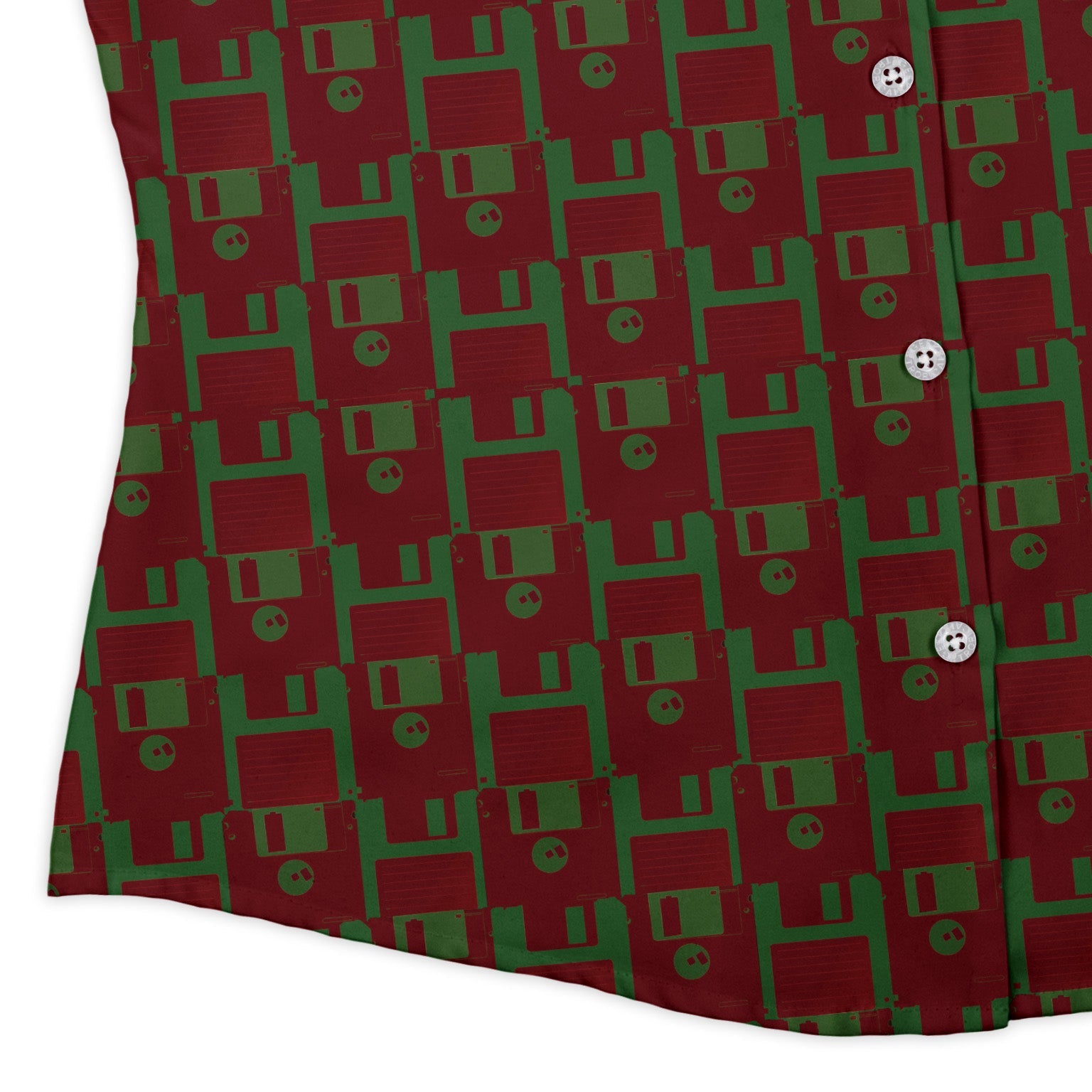 Floppy Disk Red and Green Curvy Button Up Shirt Geek Nerd computer print Design by Random Galaxy q4