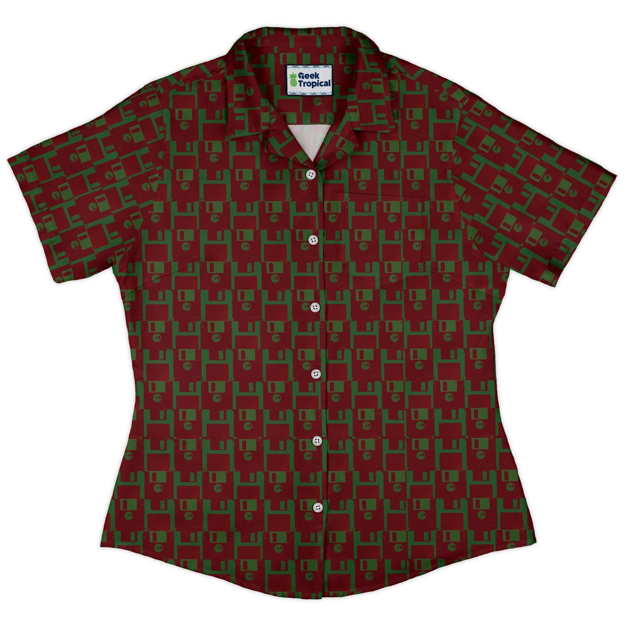 Floppy Disk Red and Green Curvy Button Up Shirt Geek Nerd computer print Design by Random Galaxy q4