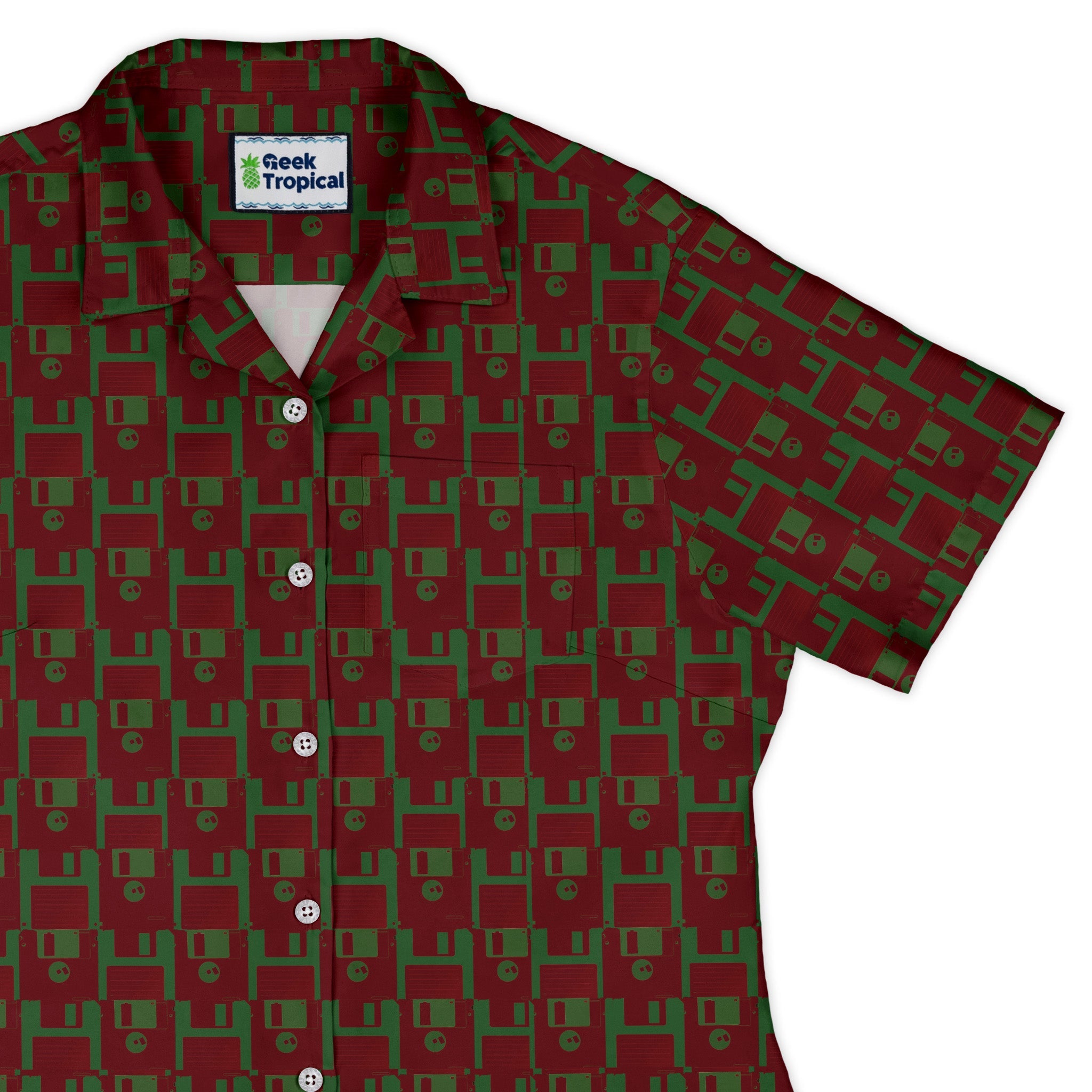 Floppy Disk Red and Green Curvy Button Up Shirt Geek Nerd computer print Design by Random Galaxy q4