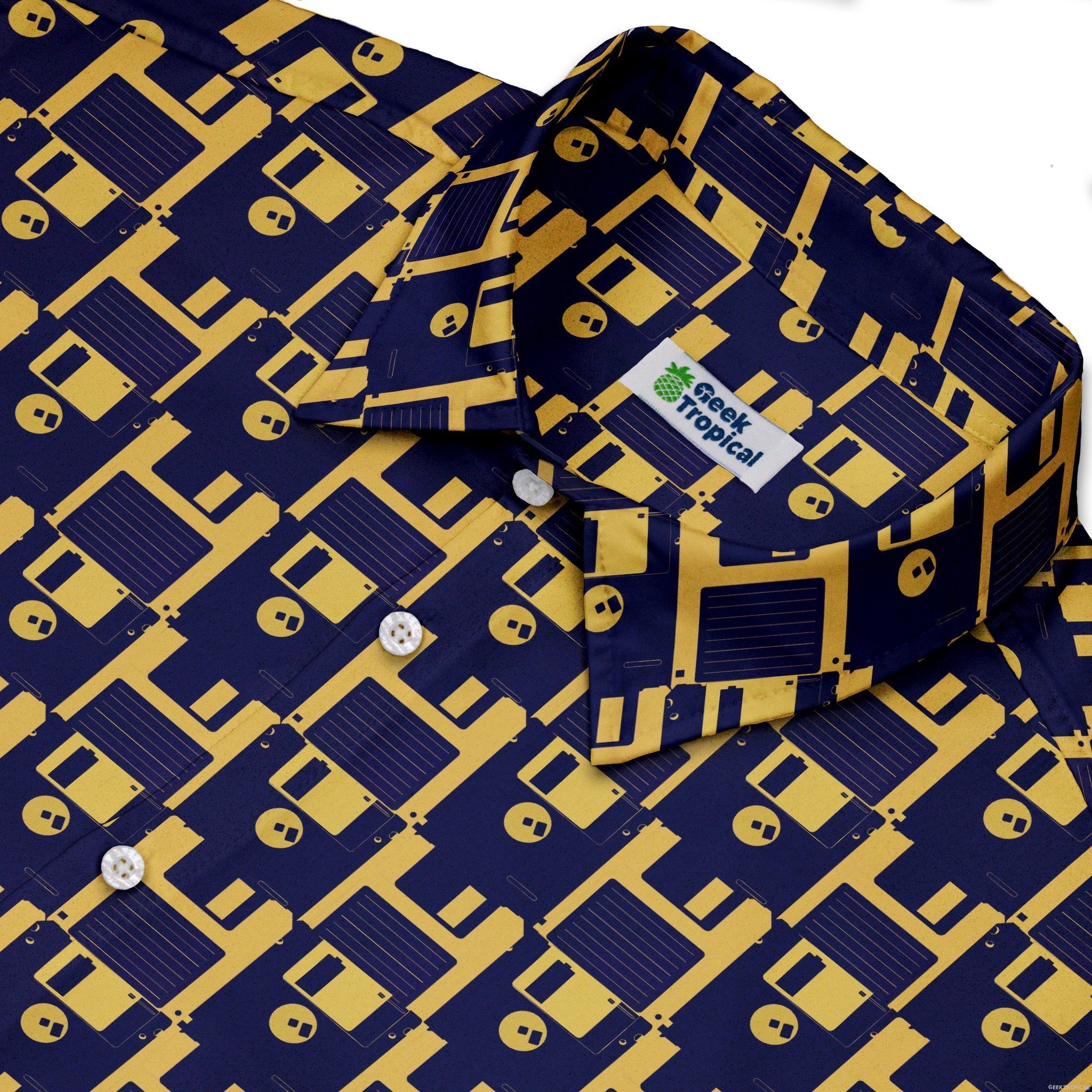 Floppy Disk Yellow Blue Button Up Shirt Geek Nerd adult sizing computer print Design by Random Galaxy